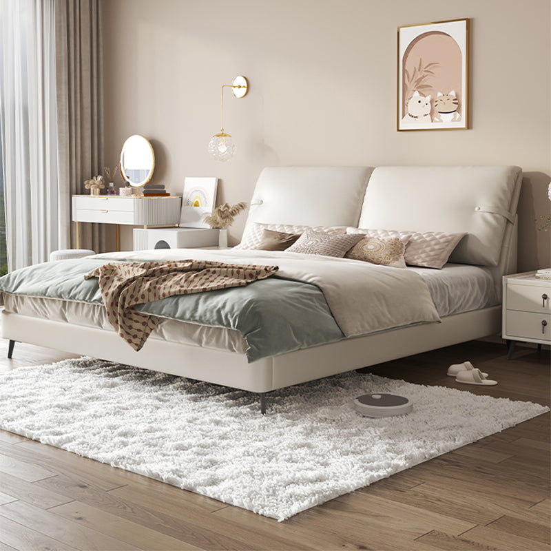 Cama moderna de la cama de cuero genuino de cuero cama de panel de madera de pino con cabecera tapizada