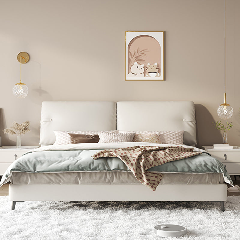 Cama moderna de la cama de cuero genuino de cuero cama de panel de madera de pino con cabecera tapizada