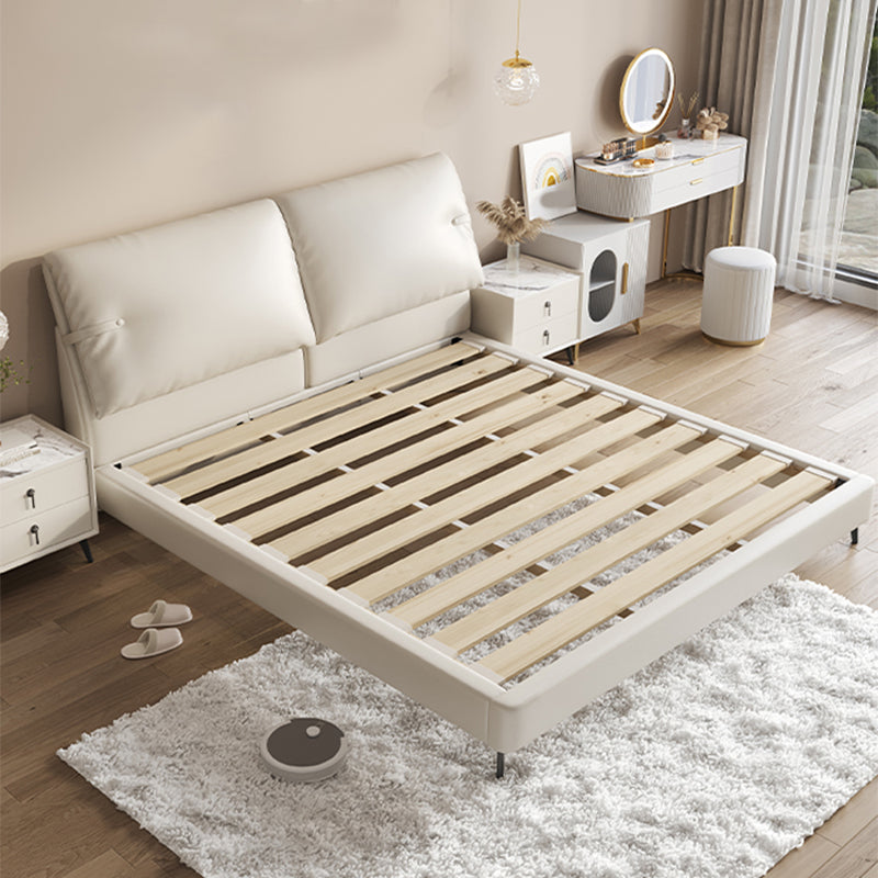 Cama moderna de la cama de cuero genuino de cuero cama de panel de madera de pino con cabecera tapizada