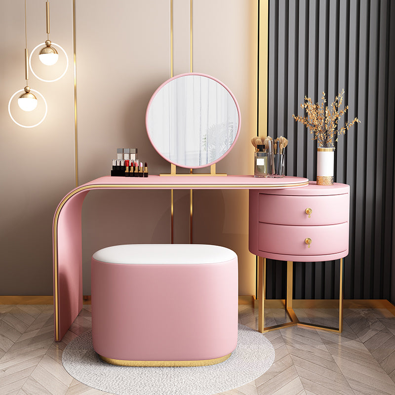 Tavolo da toeletta da trucco in pelle autentica con specchio e set di sgabelli