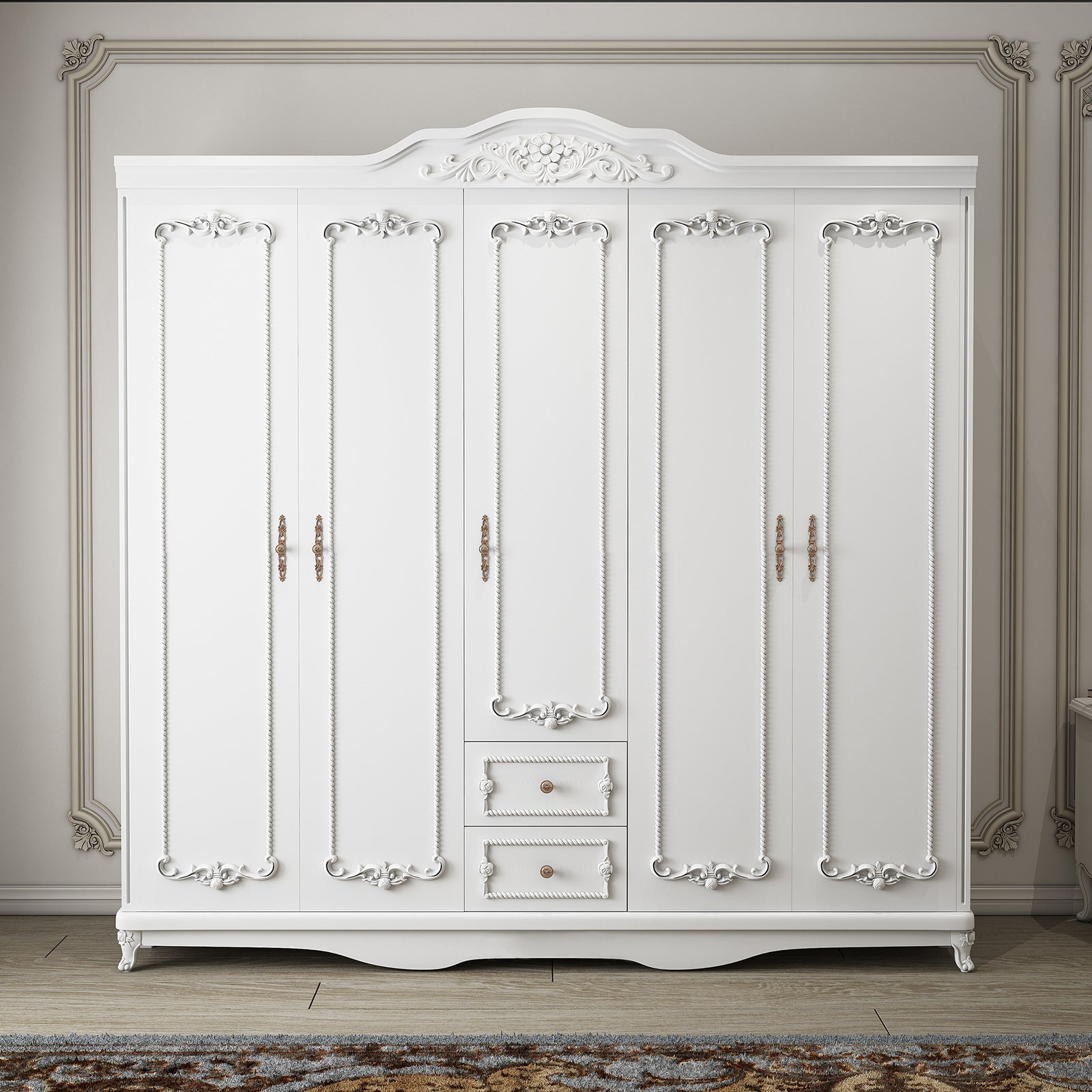 French Country White Wardrobe for Bedroom Manufactured Wood Cabinet with Drawers Clearhalo 'Armoires & Wardrobes' 'armoires_wardrobes' 'Bedroom Furniture' 'furn' 'furn_armoires_wardrobes' 'Furniture' 5438977