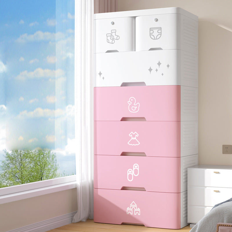 Pink and Blue Non-Hanging Armoire Modern Plastic Storage Cabinet with Drawers 19"L x 15"W x 47"H White-Pink Clearhalo 'Armoires & Wardrobes' 'armoires_wardrobes' 'Bedroom Furniture' 'furn' 'furn_armoires_wardrobes' 'Furniture' 5439021