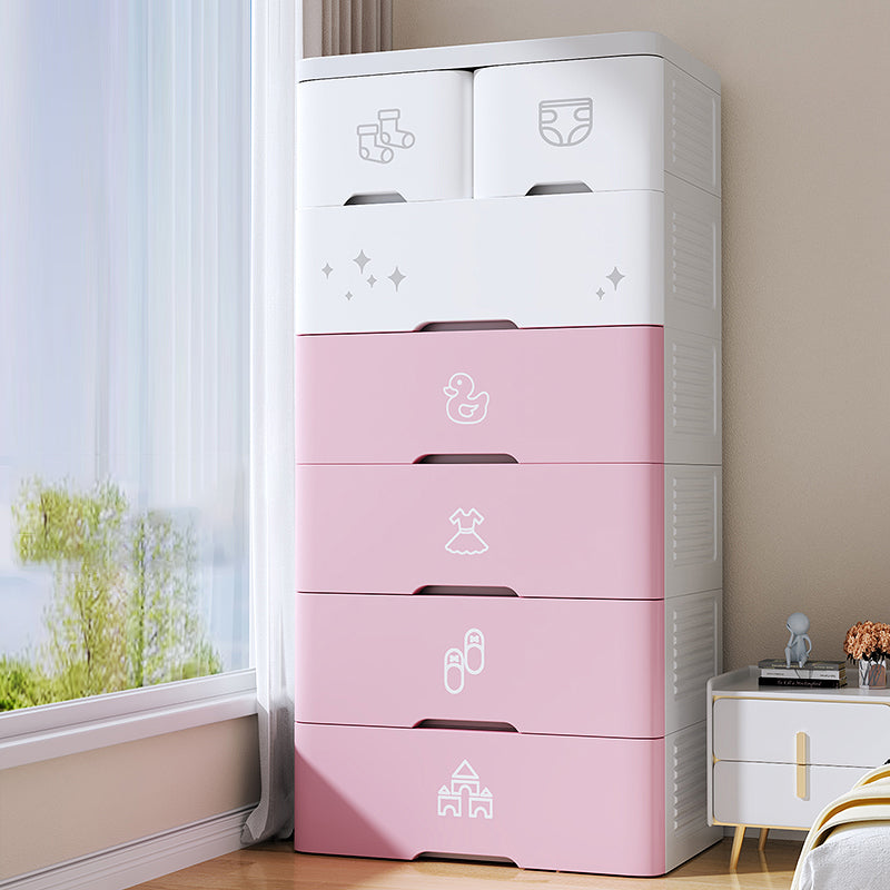 Pink and Blue Non-Hanging Armoire Modern Plastic Storage Cabinet with Drawers 22"L x 15"W x 51"H White-Pink Clearhalo 'Armoires & Wardrobes' 'armoires_wardrobes' 'Bedroom Furniture' 'furn' 'furn_armoires_wardrobes' 'Furniture' 5439022