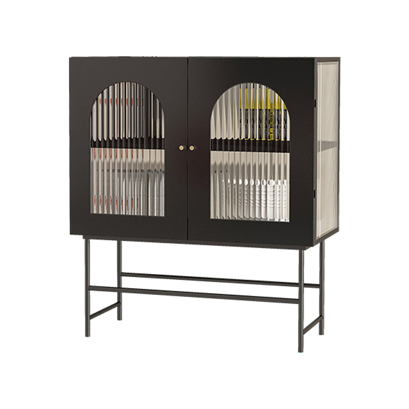 Modern Iron Sideboard Glass Doors Cabinets Dining Server with Light for Living Room 47"L x 14"W x 35"H Black Clearhalo 'buffet_sideboard' 'Buffets & Sideboards' 'furn' 'furn_buffet_sideboard' 'Furniture' 'Kitchen & Dining Furniture' 5439434