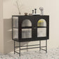 Modern Iron Sideboard Glass Doors Cabinets Dining Server with Light for Living Room 31"L x 14"W x 35"H Black Clearhalo 'buffet_sideboard' 'Buffets & Sideboards' 'furn' 'furn_buffet_sideboard' 'Furniture' 'Kitchen & Dining Furniture' 5439437