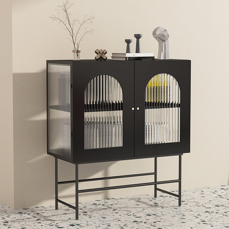 Modern Iron Sideboard Glass Doors Cabinets Dining Server with Light for Living Room 31"L x 14"W x 35"H Black Clearhalo 'buffet_sideboard' 'Buffets & Sideboards' 'furn' 'furn_buffet_sideboard' 'Furniture' 'Kitchen & Dining Furniture' 5439437