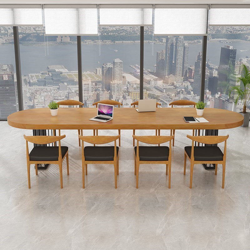 ソリッドウッドライティングデスクインダストリアルスタイルの楕円形のそりベースオフィスデスク