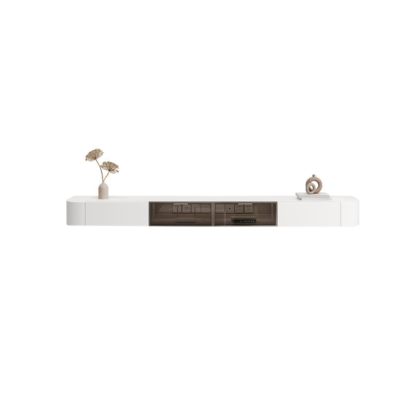 Support multimédia mural blanc avec tiroirs, console TV contemporaine, imitation bois