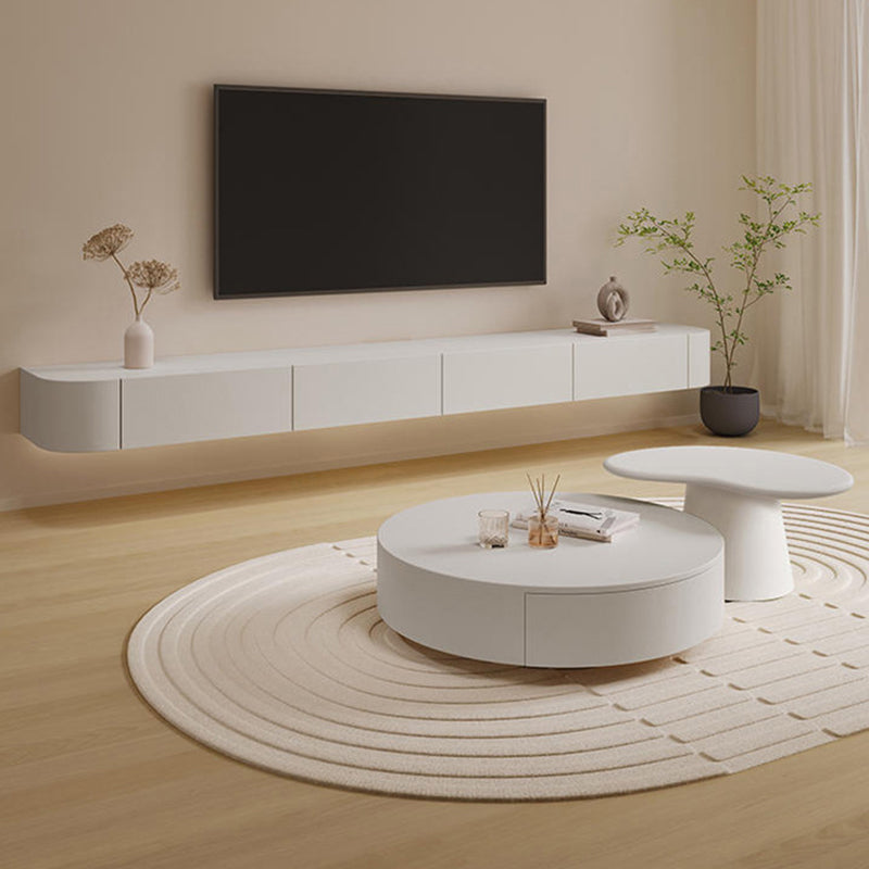 Support multimédia mural blanc avec tiroirs, console TV contemporaine, imitation bois