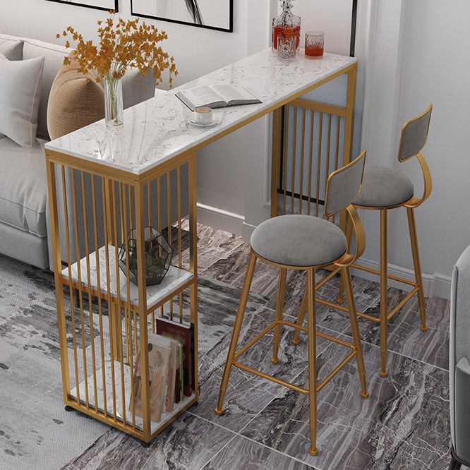 Rectangle Indoor Patio Counter Table Double Pedestal Contemporary Marble Counter Table 63"L x 15.7"W x 41.3"H Gold Without Chairs Clearhalo 'Bar Furniture' 'Bar Tables' 'bar_tables' 'furn' 'furn_bar_tables' 'Furniture' 'Kitchen & Dining Furniture' 5445273