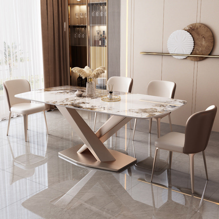 Modern Sintered Stone Top Dining Set Rectangle 1/2/5/7 Pieces Dinette Table Set in Gold 5 Pieces: Table, 4 Chairs Clearhalo 'Dining Room Sets' 'Dining Tables & Seating' 'dining_room_set' 'furn' 'furn_dining_room_set' 'Furniture' 'Kitchen & Dining Furniture' 5446478