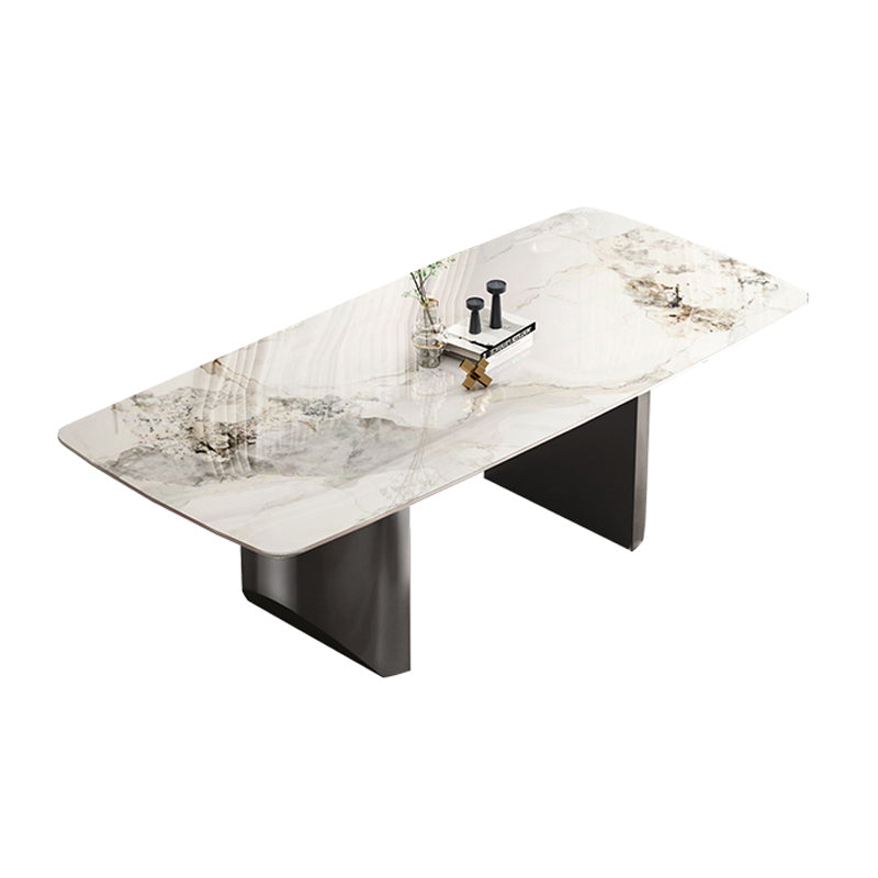 Rectangle Double Pedestal Table Modern Stone Top Black Base Dining Site Table White Without Chairs Clearhalo 'Dining Tables & Seating' 'Dining Tables' 'dining_table' 'furn' 'furn_dining_table' 'Furniture' 'Kitchen & Dining Furniture' 5446555