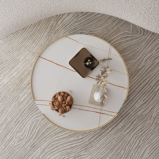 Glam Stone Top Coffee Table with Steel Drum Base Round Cocktail Table