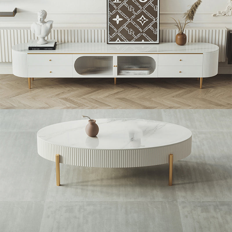 Glam Oval Stone Top Coffee Table with 4 Legs and 1 Storage Drawer