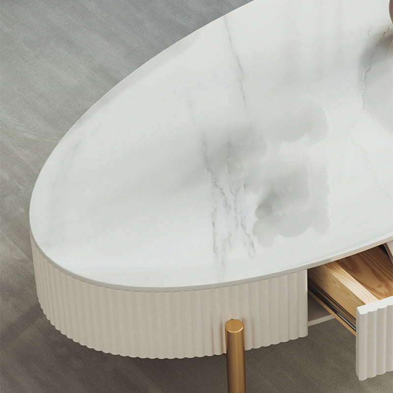 Glam Oval Stone Top Coffee Table with 4 Legs and 1 Storage Drawer