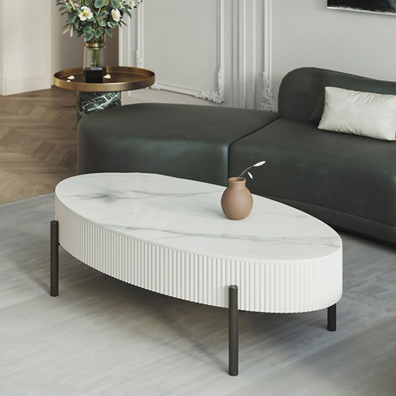 Glam Oval Stone Top Coffee Table with 4 Legs and 1 Storage Drawer