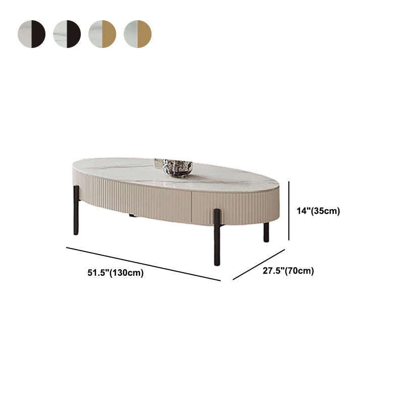 Glam Oval Stone Top Coffee Table with 4 Legs and 1 Storage Drawer