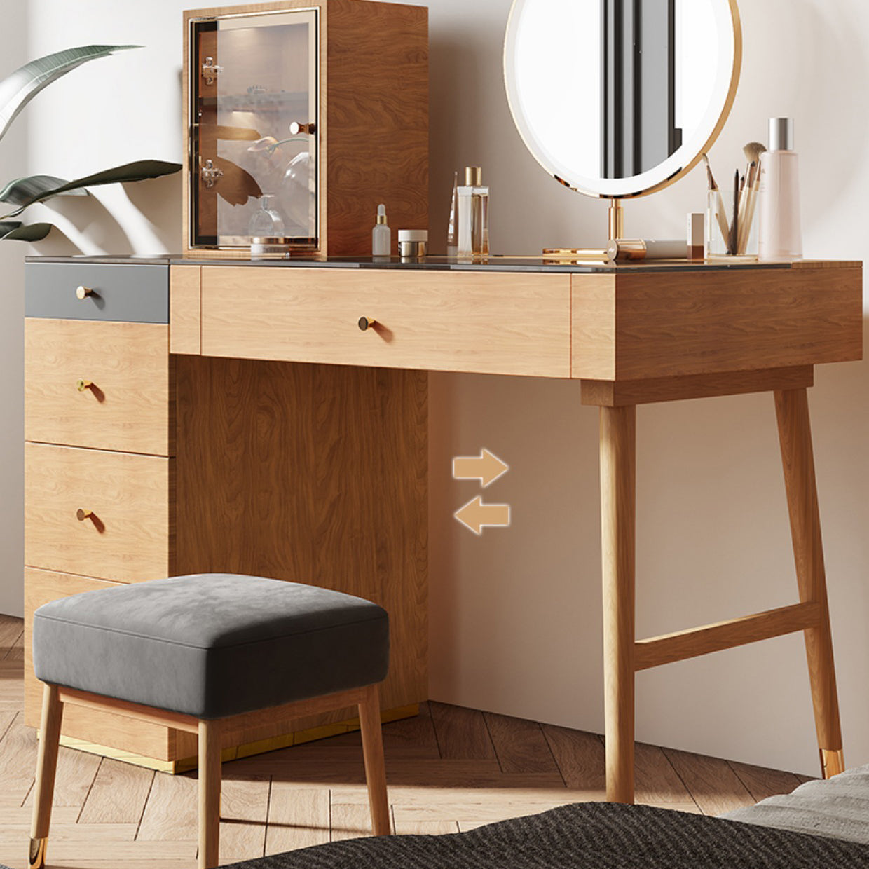 Scandinavian Makeup Vanity Table with Mirror and Stool for Bedroom