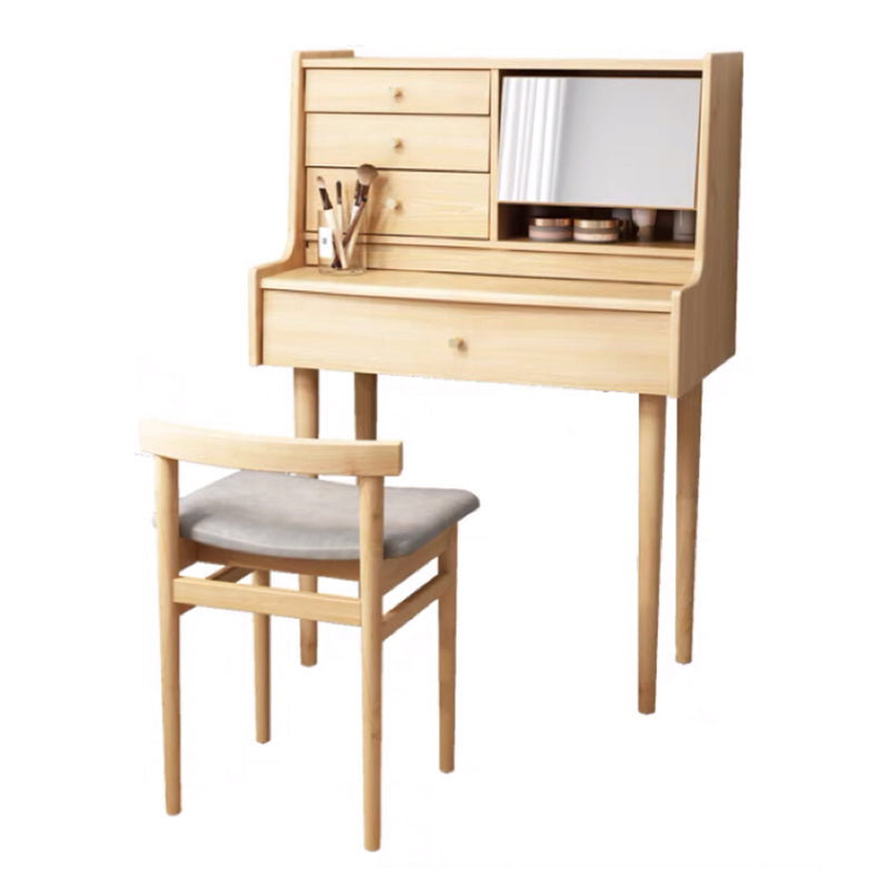 Traditional Wooden Makeup Vanity Desk Table with Stool for Bedroom Makeup Vanity & Stools 31.5"L x 18"W x 45"H Natural Clearhalo 'Bedroom Furniture' 'furn' 'furn_makeup_vanities' 'Furniture' 'Makeup Vanities' 'makeup_vanities' 5453428