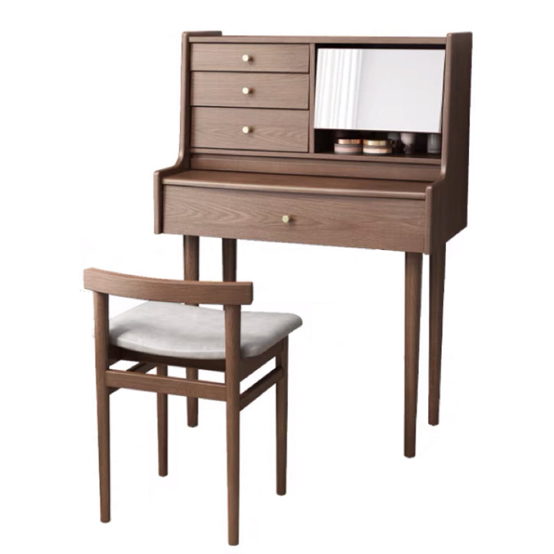 Traditional Wooden Makeup Vanity Desk Table with Stool for Bedroom Makeup Vanity & Stools 31.5"L x 18"W x 45"H Walnut Clearhalo 'Bedroom Furniture' 'furn' 'furn_makeup_vanities' 'Furniture' 'Makeup Vanities' 'makeup_vanities' 5453430