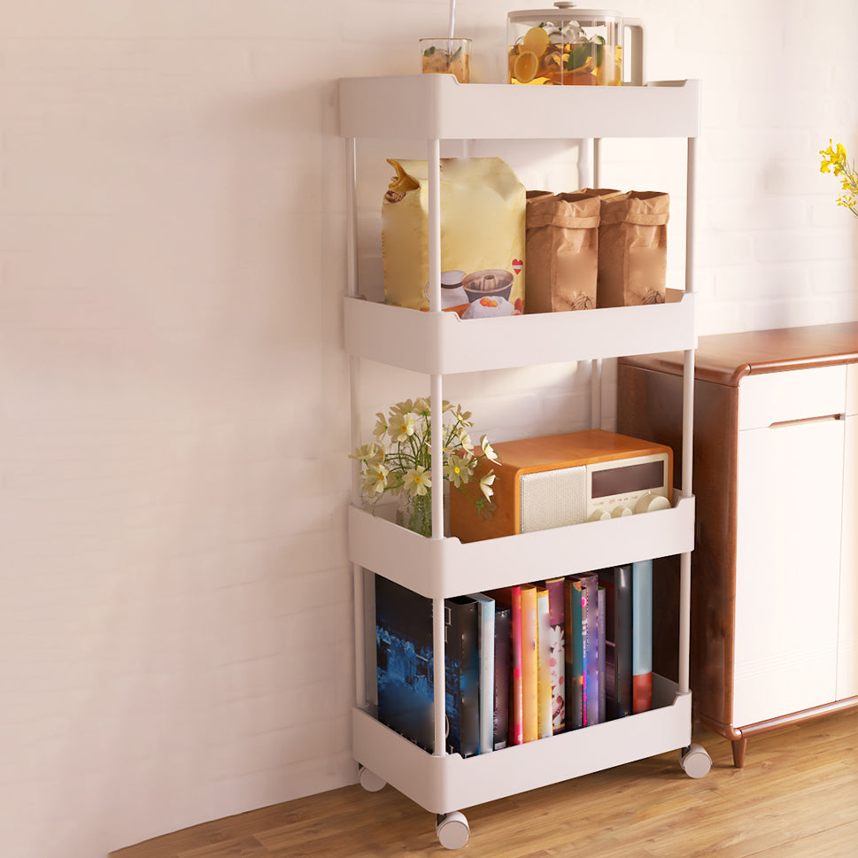 Movable Plastic Bookshelf Nordic Home Open Bookcase with Casters 15"L x 8.3"W x 33.5"H White Clearhalo 'Bookcases' 'furn' 'furn_bookcases' 'Furniture' 'Office Furniture' 5455506