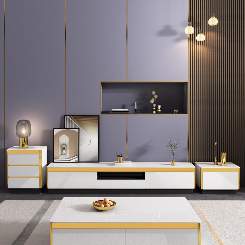 Glam TV Media Stand avec des tiroirs et une console de média TV en verre en bois