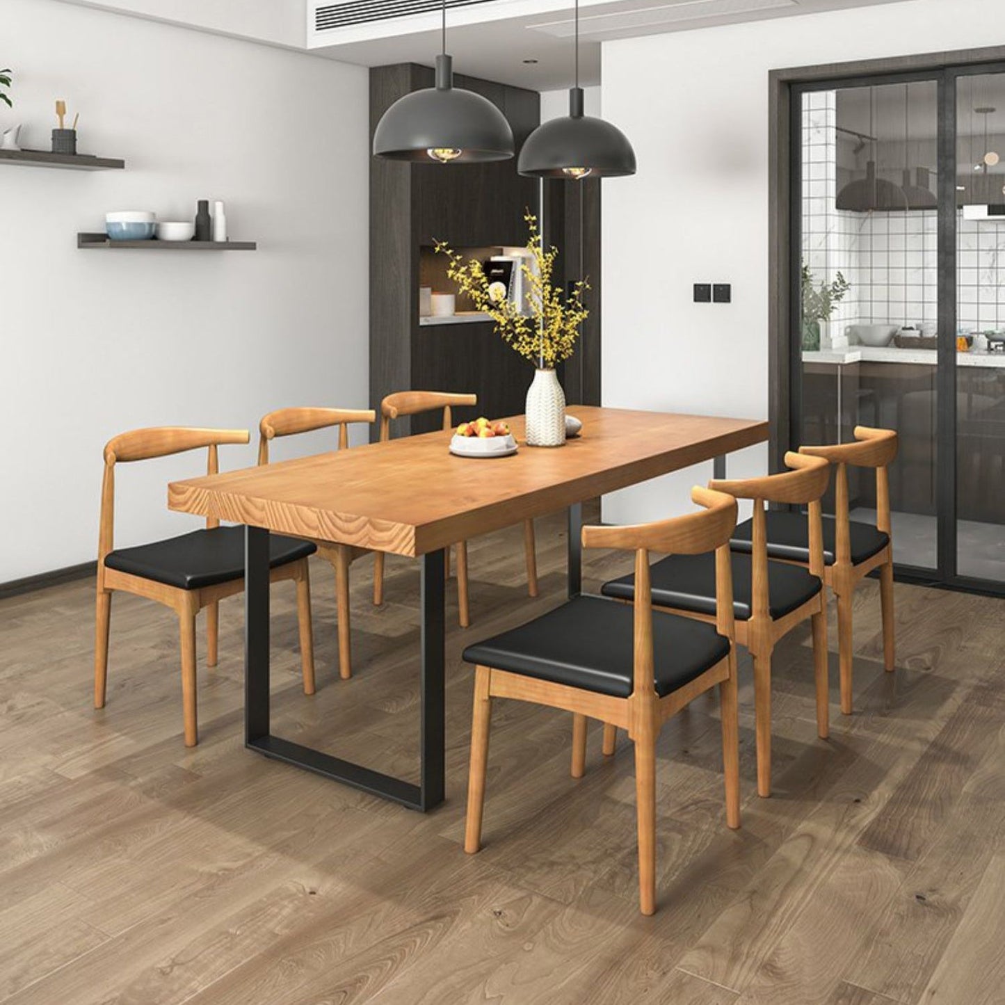 Industrial Dining Table Set 1/3/4/5/7 Pieces Solid Wood Top Table with Cow Horn Chairs Clearhalo 'Dining Room Sets' 'Dining Tables & Seating' 'dining_room_set' 'furn' 'furn_dining_room_set' 'Furniture' 'Kitchen & Dining Furniture' 5458033