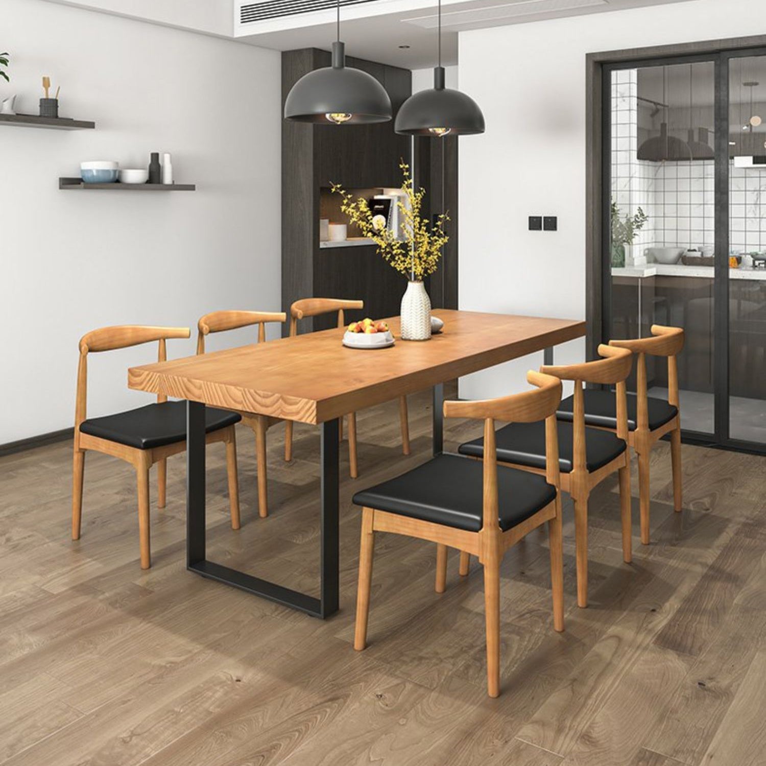 Industrial Dining Table Set 1/3/4/5/7 Pieces Solid Wood Top Table with Cow Horn Chairs Clearhalo 'Dining Room Sets' 'Dining Tables & Seating' 'dining_room_set' 'furn' 'furn_dining_room_set' 'Furniture' 'Kitchen & Dining Furniture' 5458033