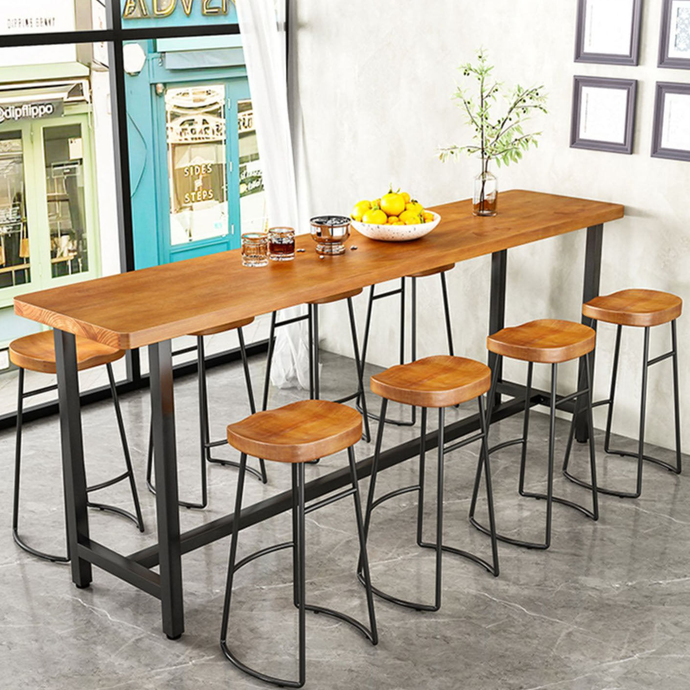 Solid Wood Top Rectangular Bar Table Luxurious Bistro Table with Black Trestle Base