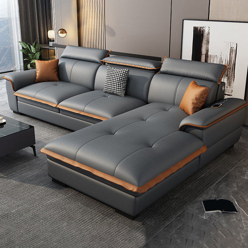 Tufted Pillow Top Arm Sectional Stain Resistant Sectional Gray Faux Leather 104"L x 71"W x 35"H Right Spring&Latex Clearhalo 'furn' 'furn_sectionals' 'Furniture' 'Living Room Furniture' 'Sectionals' 5469440