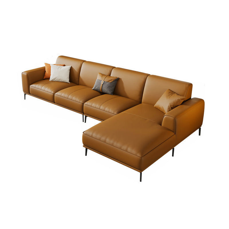 Tan Genuine Leather Sectional/Sofa Square Arm Sectional for Apartment
