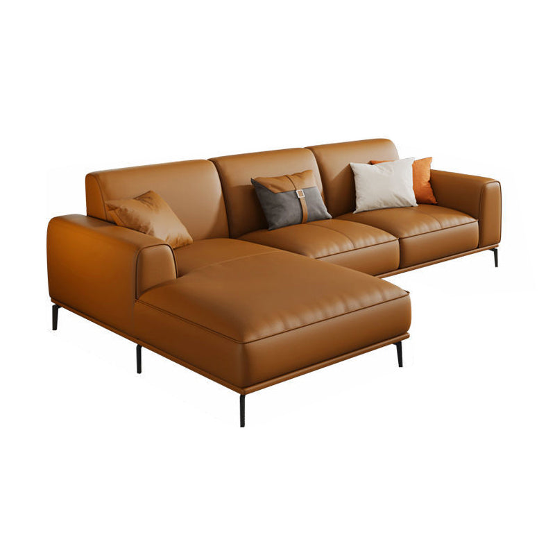 Tan Genuine Leather Sectional/Sofa Square Arm Sectional for Apartment