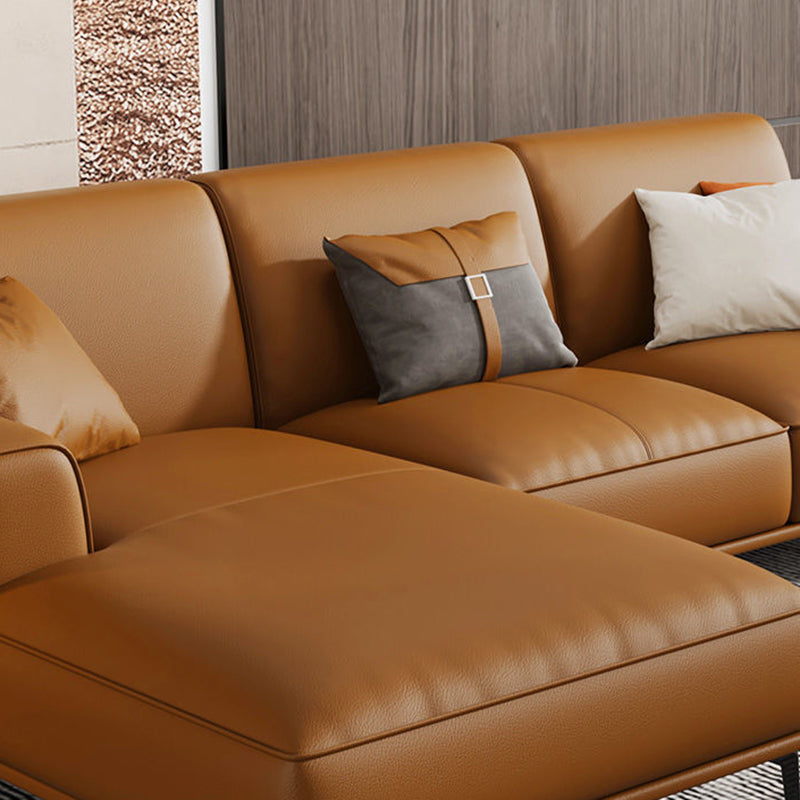 Tan Genuine Leather Sectional/Sofa Square Arm Sectional for Apartment