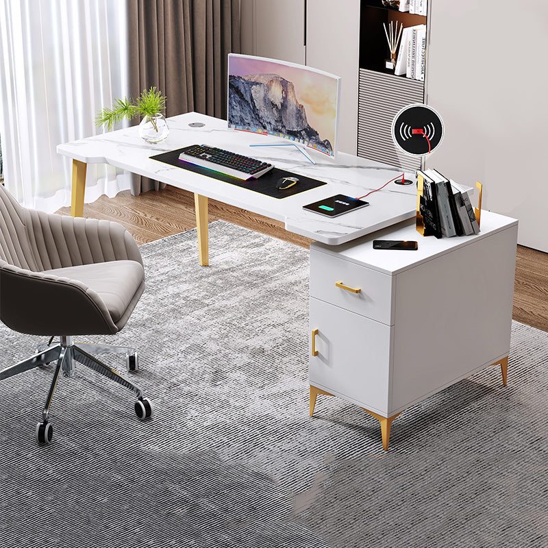 Contemporary Office Desk Home Writing Desk with Drawer and Cabinet White-Gold Clearhalo 'furn' 'furn_office_desk' 'Furniture' 'Office Desks' 'Office Furniture' 'office_desk' 5471594