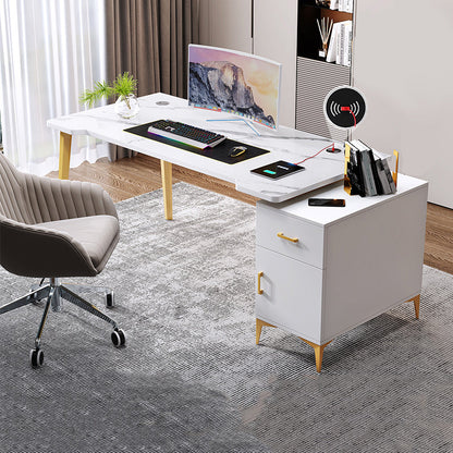 Contemporary Office Desk Home Writing Desk with Drawer and Cabinet White-Gold Clearhalo 'furn' 'furn_office_desk' 'Furniture' 'Office Desks' 'Office Furniture' 'office_desk' 5471594