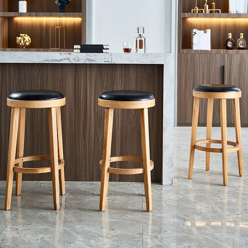 Modern Round Bar Stool Oak Solid Wood Bar Stool with PU Leather Clearhalo 'Bar Furniture' 'Bar Stools' 'bar_stools' 'furn' 'furn_bar_stools' 'Furniture' 'Kitchen & Dining Furniture' 5474640