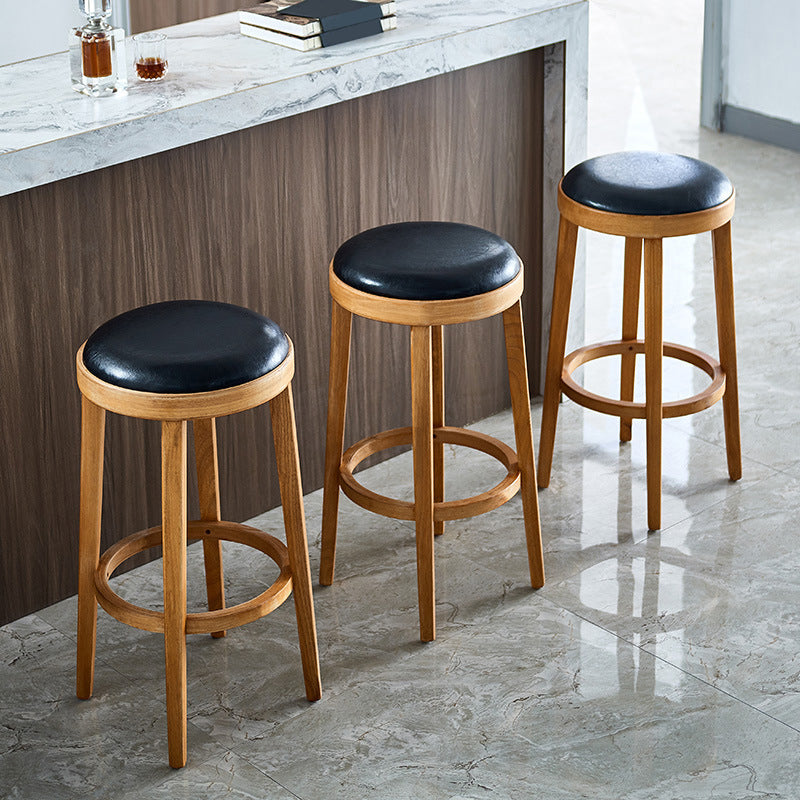 Modern Round Bar Stool Oak Solid Wood Bar Stool with PU Leather Clearhalo 'Bar Furniture' 'Bar Stools' 'bar_stools' 'furn' 'furn_bar_stools' 'Furniture' 'Kitchen & Dining Furniture' 5474642