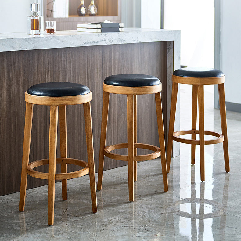 Modern Round Bar Stool Oak Solid Wood Bar Stool with PU Leather Clearhalo 'Bar Furniture' 'Bar Stools' 'bar_stools' 'furn' 'furn_bar_stools' 'Furniture' 'Kitchen & Dining Furniture' 5474644
