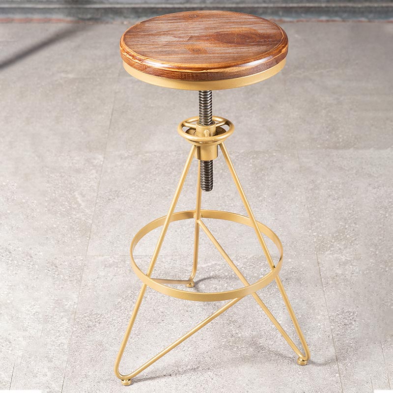 Industrial Adjustable Height Bar Stool Round Solid Wood with Iron Legs
