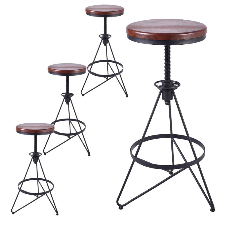 Industrial Adjustable Height Bar Stool Round Solid Wood with Iron Legs