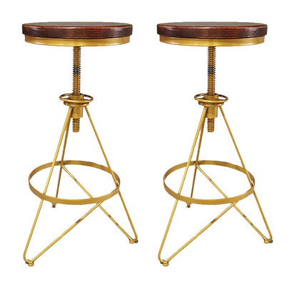 Industrial Adjustable Height Bar Stool Round Solid Wood with Iron Legs