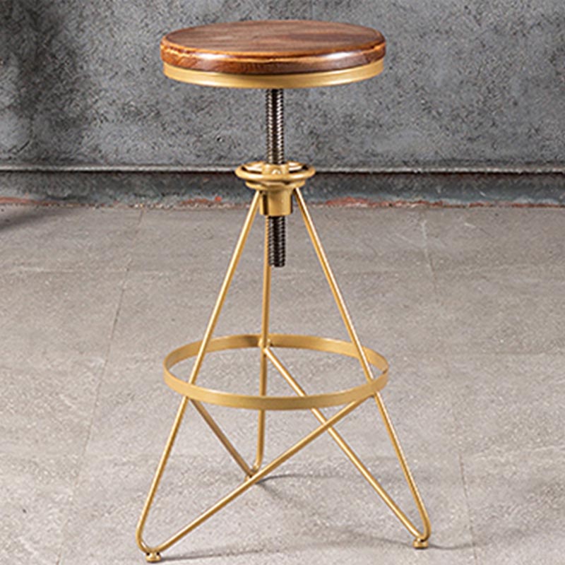 Industrial Adjustable Height Bar Stool Round Solid Wood with Iron Legs