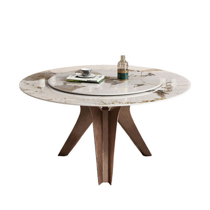 Round Convertible Dining Table Modern Stone Top Pedestal Table in Gold