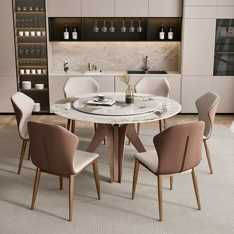 Round Convertible Dining Table Modern Stone Top Pedestal Table in Gold