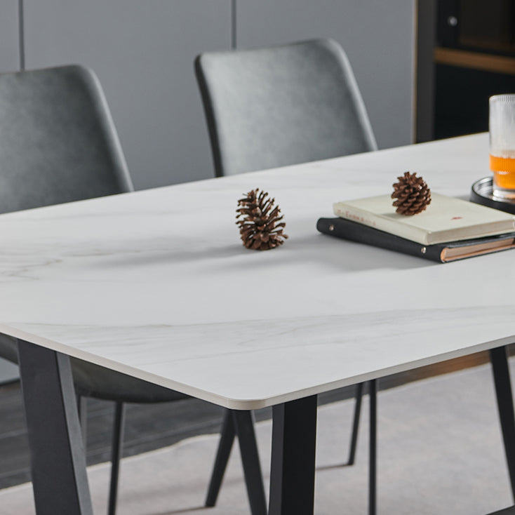Industrial Stone Rectangle Table Standard Height Dining Room Table with Trestle Base