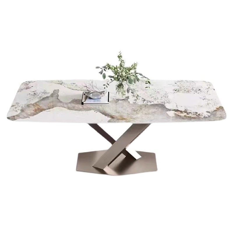 Metal Traditional Luxury Rectangle Table Sintered Stone Top Table with Pedestal