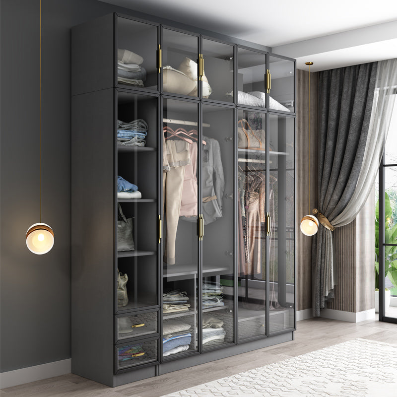 Contemporary Style Glass Wardrobe Grey Colour Wardrobe Closet Clearhalo 'Armoires & Wardrobes' 'armoires_wardrobes' 'Bedroom Furniture' 'furn' 'furn_armoires_wardrobes' 'Furniture' 5476881
