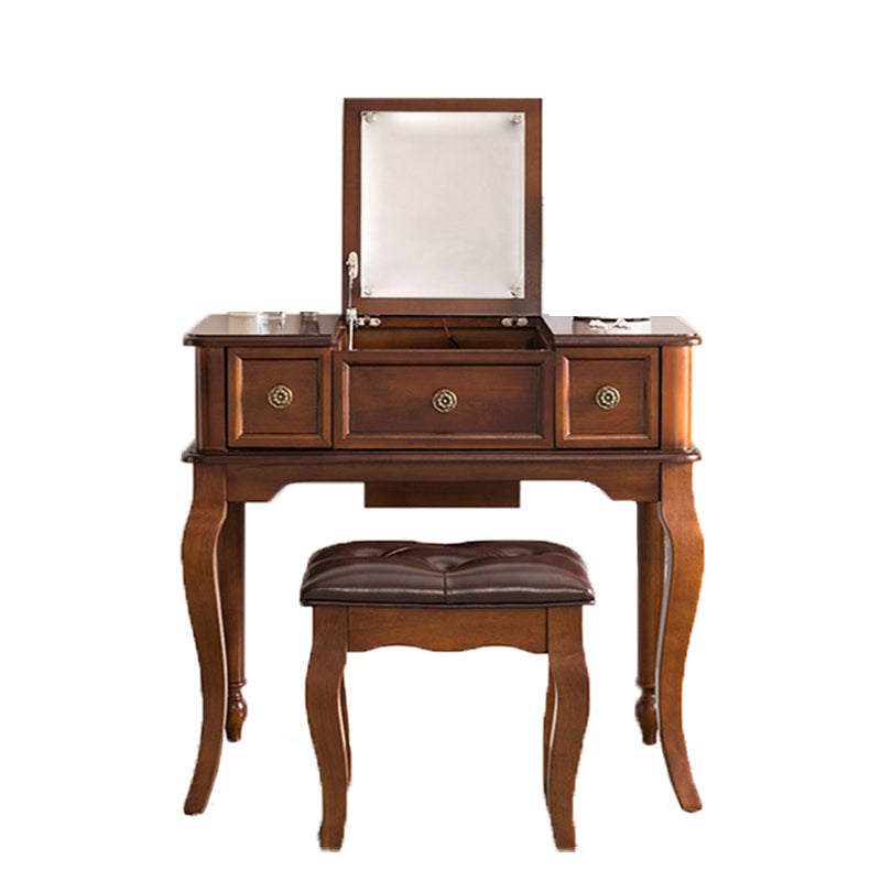 Traditional Flip-Top Vanity Dressing Table Wooden Makeup Vanity Set Makeup Vanity & Stools 39.5"L x 18"W x 30"H Brown Clearhalo 'Bedroom Furniture' 'furn' 'furn_makeup_vanities' 'Furniture' 'Makeup Vanities' 'makeup_vanities' 5479604