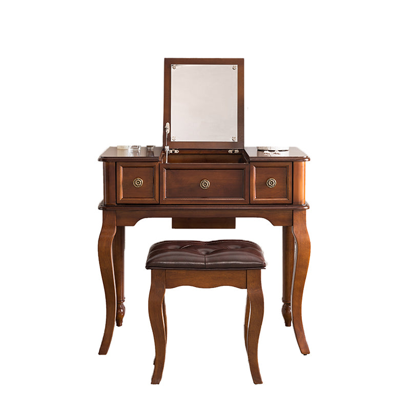 Traditional Flip-Top Vanity Dressing Table Wooden Makeup Vanity Set Makeup Vanity & Stools 31.5"L x 18"W x 30"H Brown Clearhalo 'Bedroom Furniture' 'furn' 'furn_makeup_vanities' 'Furniture' 'Makeup Vanities' 'makeup_vanities' 5479611