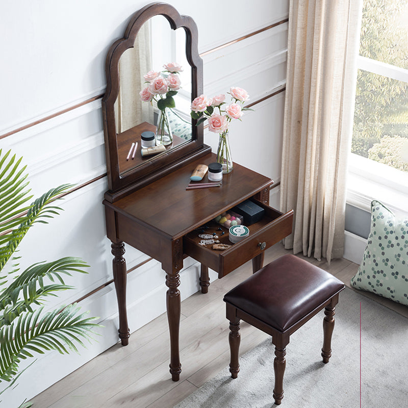 Traditional Wooden Vanity Makeup Table Set 1 Drawers Dressing Table with Mirror Makeup Vanity & Stools Walnut Clearhalo 'Bedroom Furniture' 'furn' 'furn_makeup_vanities' 'Furniture' 'Makeup Vanities' 'makeup_vanities' 5479655